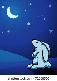 A cute bunny rabbit regards the moon and stars