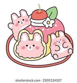 Cute bunny rabbit roll cake cherry on white background.Easter.Food,sweet,dessert,bakery hand drawn.Wild animal character cartoon design.Kawaii.Vector.Illustration.