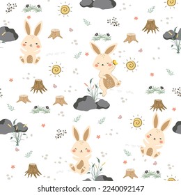 Cute bunny rabbit seamless pattern. Rocks, wood, leave elements. Kids collection. Design for kids fashion, textile, wrapping, wallpaper.