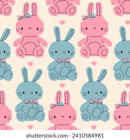 Cute bunny rabbit seamless pattern in doodle style.Kawaii rabbit toy print.Girl and boy bunny art.Ideal for childish bedding,fabric,wallpaper,wrapping paper,textile,t-shirt.Vector illustration