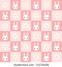 Cute bunny rabbit Seamless Pattern in pink background with white daisy for wallpaper and fabric pattern design vector isolated.