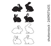 Cute Bunny Rabbit Silhouette and Outline Vector Icon Set