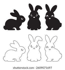 Cute Bunny Rabbit Silhouette and Outline Vector Icon Set