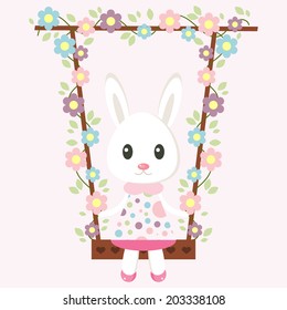 Cute Bunny. Rabbit is sitting on a swing with colorful flowers. Vector illustration. The rose background is removed.