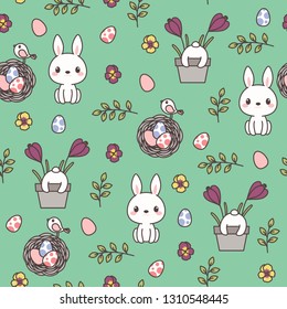 Cute bunny or rabbit, spring flowers, Easter eggs hunting. Easter vector seamless pattern