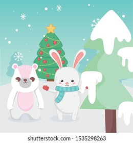 cute bunny and rabbit tree snow landscape merry christmas vector illustration