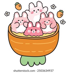 Cute bunny rabbit various poses in big carrot with flower on white background.Easter.Rodent animal character cartoon design.Kawaii.Vector.Illustration.