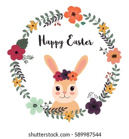 Cute bunny rabbit vector illustration with happy easter text and beautiful flower wreath