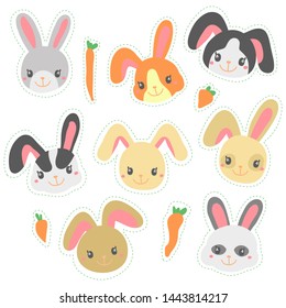 cute bunny rabbit vector sticker set blob brush 