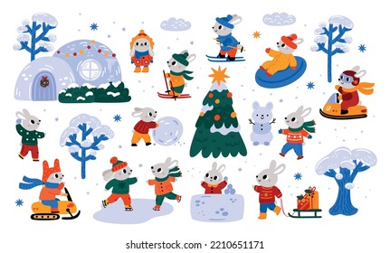 Cute bunny, rabbits characters. New Year celebration bunny, hare. Winter city with cute animals vector illustration. Baby rabbits in different poses. Kids winter decoration