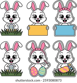 Cute Bunny Rabbits with Easter Eggs and Signs for Celebrating Easter vector illustrator