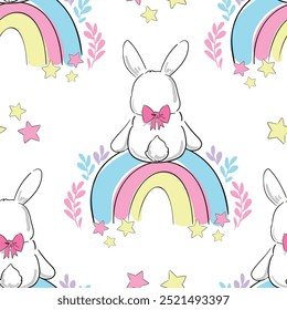 Coelho bonito e arco-íris fundo vetor padrão sem emenda 