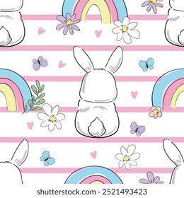 Cute bunny and rainbow background vector seamless pattern 