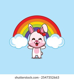 Coelho bonito com ilustração do vetor do arco-íris do desenho animado. ilustração do vetor do personagem do desenho animado do mascote. elemento de design adequado para cartaz, brochura, web, mascote, adesivo, logotipo e ícone.