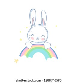 Cute Bunny and rainbow children print poster. Vector Illustration.