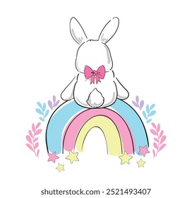 Conejito lindo y Vector del arco iris dibujado a mano ilustración