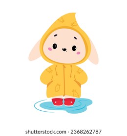 Cute Bunny in Rainy Day Walking in Raincoat Vector Illustration