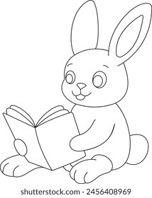 cute bunny reading book on the ground one line art, Rabbit cartoon vector art design