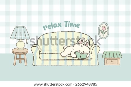  Cute Bunny Reading on a Striped Sofa, with a Side Table Lamp, Floral Wall Art, Small Cabinet