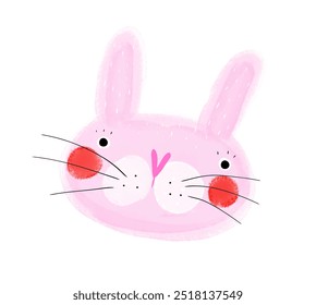 Cute Bunny With Red Blushes. Lovely Hand Drawn Nursery Vector Art with Funny Pink Rabbit Head on a White Background. Simple Printable Kids Room Decoration with Happy Rabbit Toy. Easter Bunny. RGB.