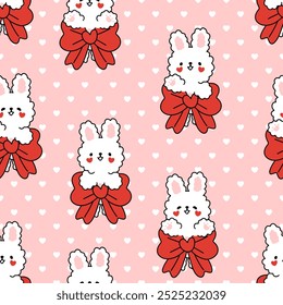 Cute bunny with red bow on a pink background with hearts texture, kawaii animals valentines day or birthday seamless pattern