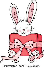 Cute bunny with a red gift box with ribbon bow