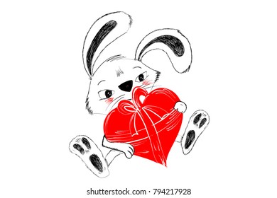 Cute bunny with red heart for gift hand drawn in black and white for Happy Valentine greeting - Vector illustration isolated on white background