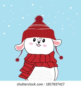 Cute bunny with red knitted cap, red scarf. Winter time.animal character of merry christmas.