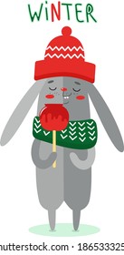 Cute bunny in red knitting hat, warm green scarf with candy apple. Winter time. Funny rabbit, cartoon character, vector illustration isolated on white background