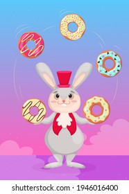 Cute bunny in red top hat juggling colorful donuts illustration. Smiling rabbit throwing doughnuts in the air on blue and pink background. Menu design, cafe, unhealthy snack concept