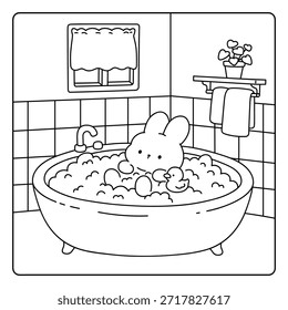 A cute bunny relaxing in a bubble bath with foam and duckling coloring page for adult and kids. Cozy coloring page of a cute rabbit relaxing in a warm bubble bath with foam and duckling. Cute cozy illustration coloring page. Children storybook illustration style.