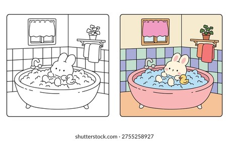 A cute bunny relaxing in a bubble bath with foam and duckling coloring page for adult and kids. Cozy coloring page of a cute rabbit relaxing in a warm bubble bath with foam and duckling. Cute cozy illustration coloring page. Children storybook illustration style.