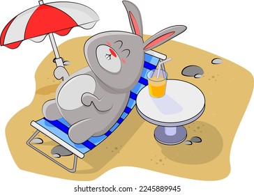 cute bunny resting on a sun lounger and sipping a cool drink on a hot day