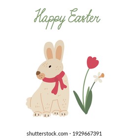 Cute bunny with ribbon bow and a spring flowers tulip and daffodil. Vector illustration isolated on white. Happy Easter hand drawn lettering. Nice greeting card.	