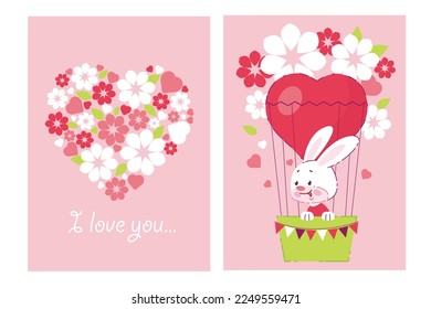 Conejo lindo montado en un globo de aire caliente con corazones y flores. Tarjeta de saludo para el Día de San Valentín, Día de la Mujer, 8 de marzo, boda, Día de la Madre. Corazón hecho de flores ilustraciones vectoriales. Plantilla de póster.