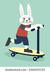 A cute bunny riding a kick scooter