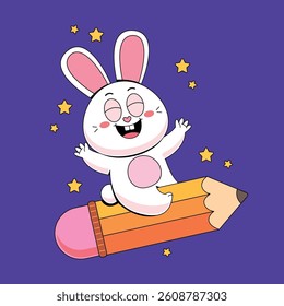 Cute bunny riding a pencil with stars