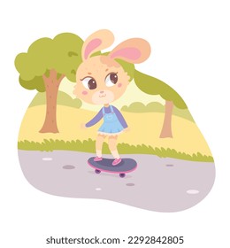 Cute bunny riding skateboard on road of summer park vector illustration. Cartoon female baby animal in dress skateboarding outdoor, fun game and ride of furry rabbit skateboarder character in nature
