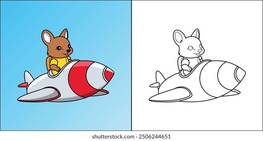 Cute bunny riding a space rocket suitable for kids coloring page vector illustration