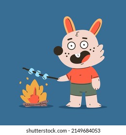 Cute bunny roasting marshmallows on campfire vector cartoon character isolated on background.