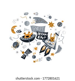lindo conejito en cohete y alienígena en nave espacial. Ilustración vectorial sobre el tema cósmico en estilo infantil