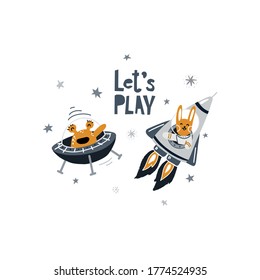 cute bunny in rocket and alien in spaceship. Vector illustration on the cosmic theme in childish style