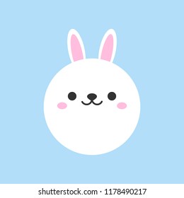 Cute Bunny Round Vector Graphic Icon. White Rabbit Animal Head, Face Illustration. Isolated On Blue Background.