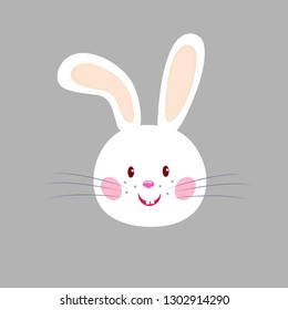 Cute bunny round vector graphic icon. White rabbit animal head, face illustration. Isolated on grey background.Cartoon style vector illustration.