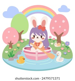 Cute Bunny Rowing Boat in Springtime Illustration.Adorable Bunny in Boat with Rainbow and Spring Flowers