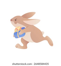 Cute bunny running with a blue gift box wrapped in a yellow ribbon. Vector illustration of a rabbit in soft pastel style. Perfect for children's holiday cards, Easter designs, and festive decorations.