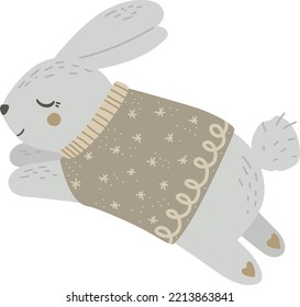 Cute bunny running in a sweater, vector illustration for design, print, pattern, isolated on a white background