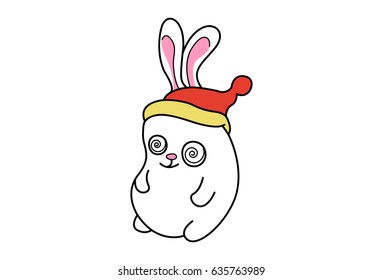 Cute Bunny with the Santa Cap. Vector Illustration. Isolated on white background.