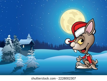 Cute Bunny in a Santa Claus Costume from Profile - Cartoon Christmas Illustration with Background, Vector