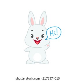 Cute bunny say "Hi!". Flat cartoon illustration of a funny little gray rabbit with speech bubble waving its paw hello isolated on a white background. Vector 10 EPS.